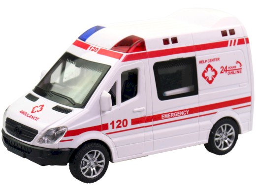 Auto ambulance, na baterie, světlo a zvuk, 8 ks v display boxu, 14 cm