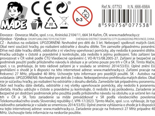 07753 - Autobus na dálkové ovládání, 4 kanál, se světlem, 27mhz, 40 x 13 x 13 cm