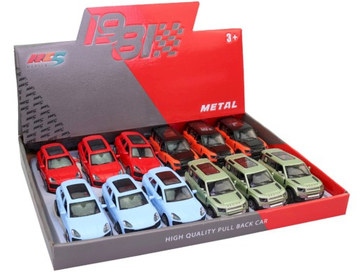 Auta 1:43, 12 kusů v display boxu, 11 x 4,5 x 4 cm