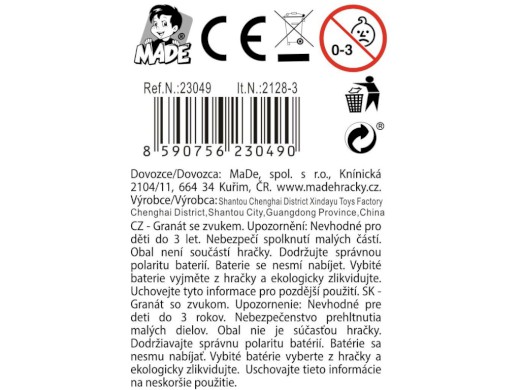 Ruční granát se zvukem a světlem, na baterie, 9 cm, 12 ks v display boxu