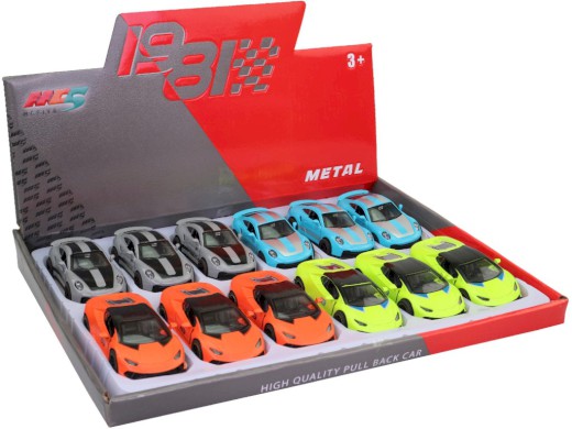 Auta 1:43, 12 kusů v display boxu, 10,5  x 4 cm