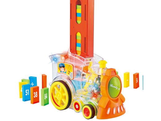 13806 - Transparentní lokomotiva domino 86 ks, se světlem, na baterie, 15 x 7,5 x 11 cm