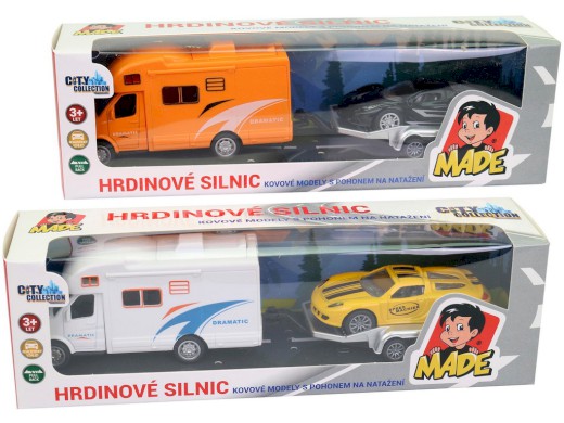 14857 - Obytné auto s přívěsem, kovové, zpětný chod, 22 x 5,5 x 5,5 cm