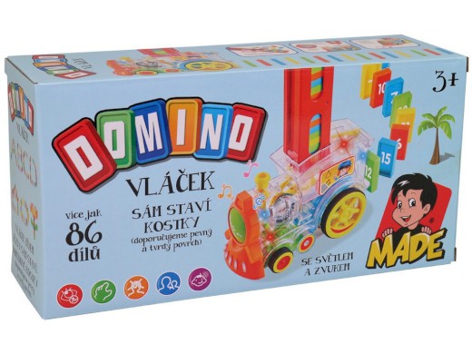 13806 - Transparentní lokomotiva domino 86 ks, se světlem, na baterie, 15 x 7,5 x 11 cm