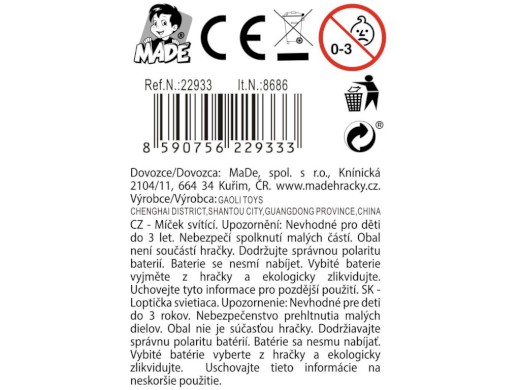 Míček svítící, s bateriemi, 16 cm