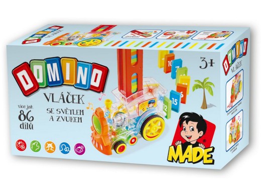 13806 - Transparentní lokomotiva domino 86 ks, se světlem, na baterie, 15 x 7,5 x 11 cm