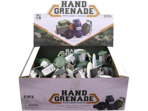Ruční granát se zvukem a světlem, na baterie, 9 cm, 12 ks v display boxu