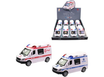 Auto ambulance, na baterie, světlo a zvuk, 8 ks v display boxu, 14 cm