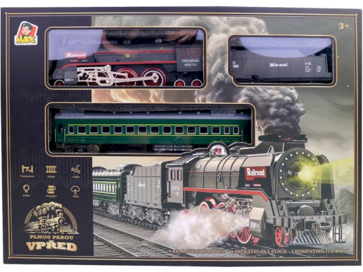 20539 - Vlaková souprava, parní lokomotiva, na baterie, světlo a zvuk, 92 x 92 cm