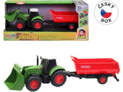 Traktor s přívěsem, na setrvačník, se světlem a zvukem, na baterie, 1:32, 30 cm