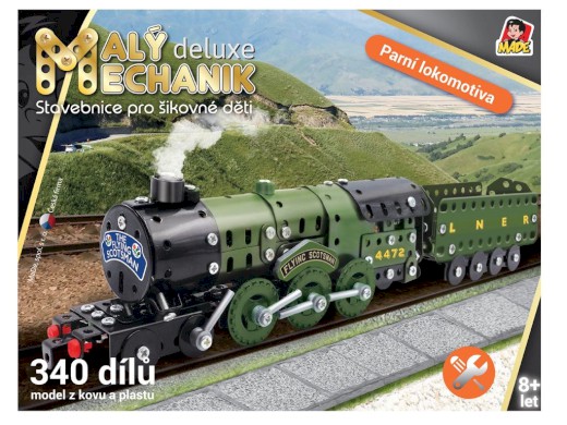 Malý mechanik, parní lokomotiva s uhlákem, 340 dílků, 34 x 26,5 x 6,5 cm