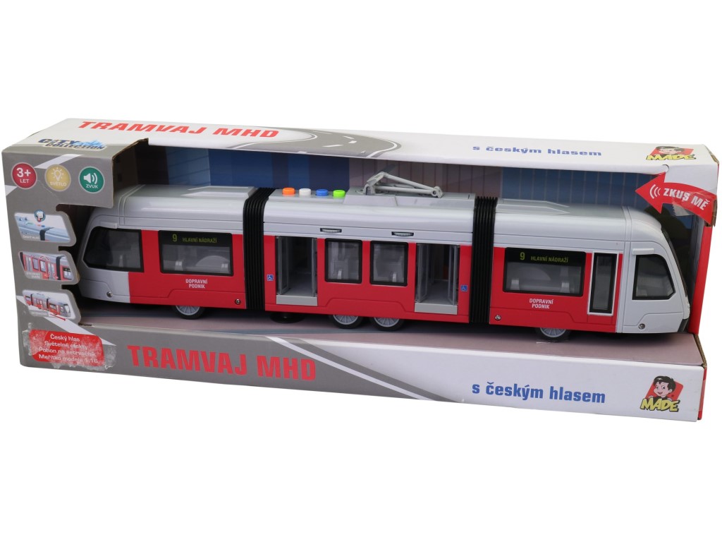Tramvaj na setrvačník, se světlem a hudbou, 48 x 10,5 x 16,5 cm