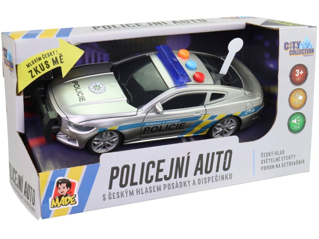 10710 - Policejní auto na setrvačník, 17 cm, světlo, zvuk (čeština), na baterie