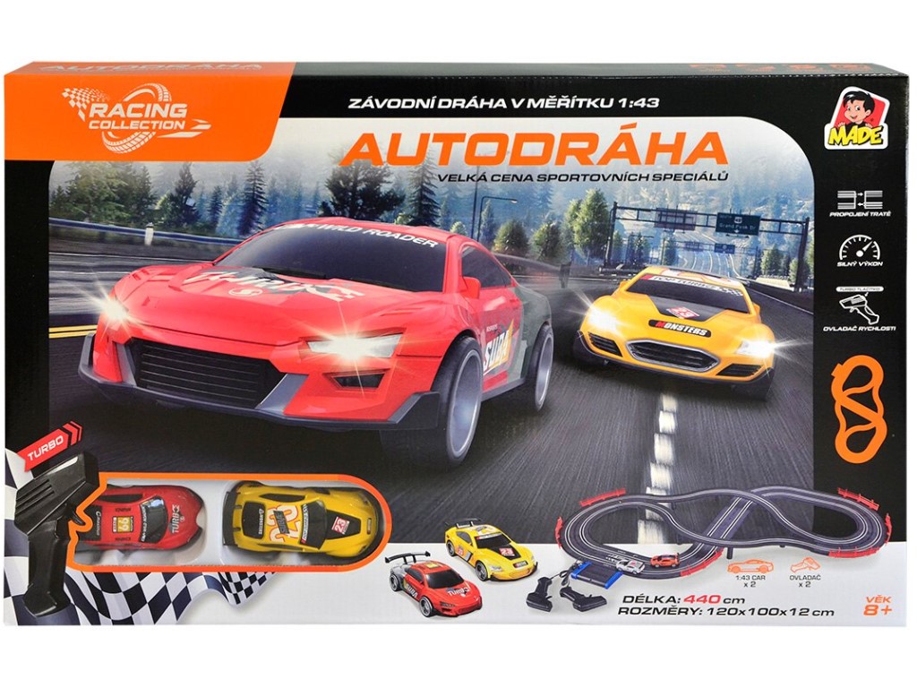 11475 - Autodráha, 2 auta, 2 ovladače, s EU adaptérem, délka trati 440 cm, 120 x 100 x 12 cm