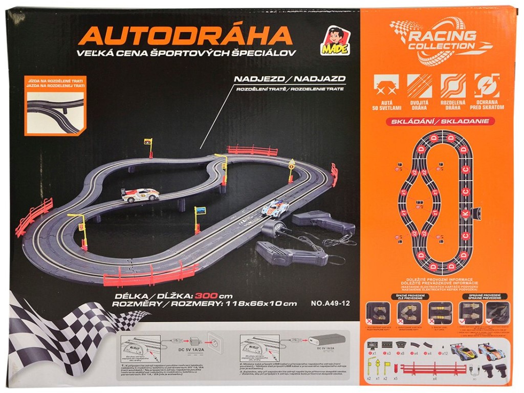 11196 - Autodráha 300 cm, bez zdroje, napájení přes USB kabel, 118 x 66 x 16 cm