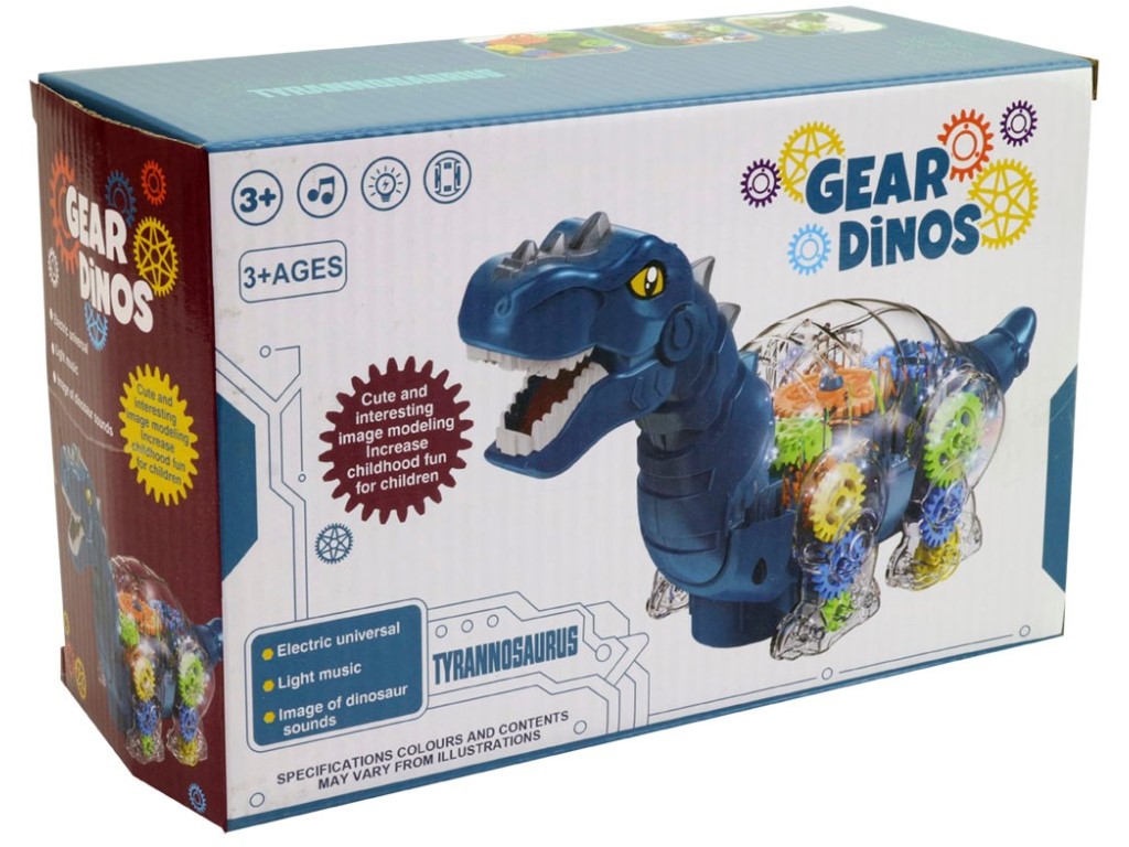 14416 - Dinosaurus s ozubenými kolečky, na baterie, se světlem a hudbou, 24 x 14 x 19 cm