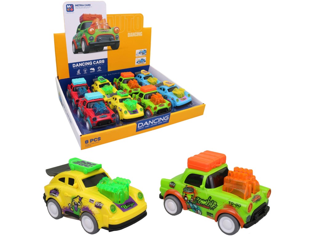 17433 - Auto tančící, 8 ks v display boxu, na setrvačník, 12,8 x 6,8 x 6,5 cm