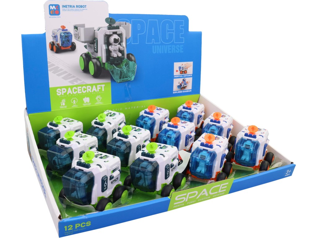 17434 - Vesmírné auto, otvírací dveře, 12 ks v display boxu, na setrvačník, 9,5 x 7,5x 9 cm