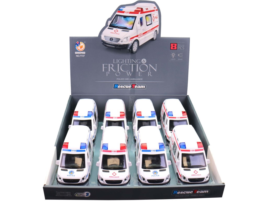 Auto ambulance, na baterie, světlo a zvuk, 8 ks v display boxu, 14 cm
