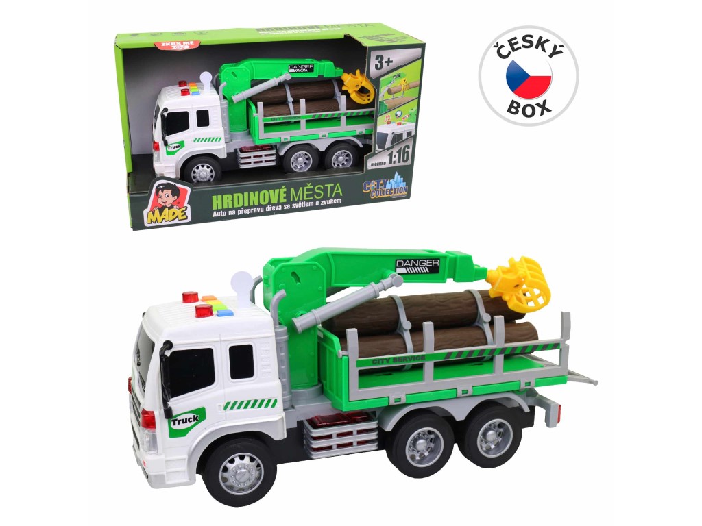 20623 - Auto na přepravu dřeva, zvedací rameno, na baterie, světlo a zvuk, setrvačník, 26 cm