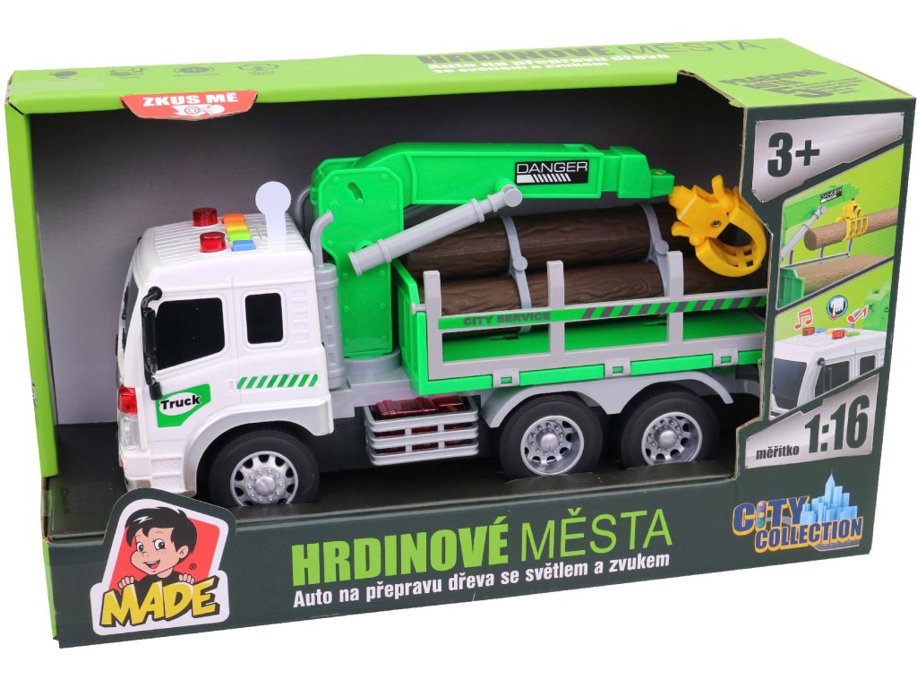 20623 - Auto na přepravu dřeva, zvedací rameno, na baterie, světlo a zvuk, setrvačník, 26 cm