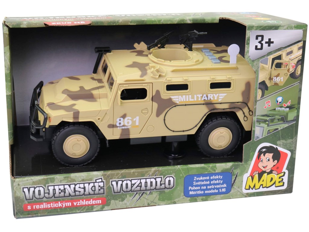 Vojenské auto, na baterie, světlo a zvuk, setrvačník