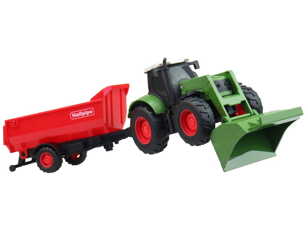 Traktor s přívěsem, na setrvačník, se světlem a zvukem, na baterie, 1:32, 30 cm